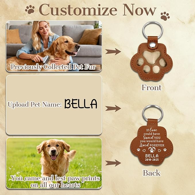 Eunigem Personalized Pet Hair Keychain for Dogs Cats-Custom Paw Keychains for Dog Hair-Shaped Leather Keychain,Pet Memorial Gifts Remembrance Accessory Refillable Keepsake for Bag or Key (Color-1)