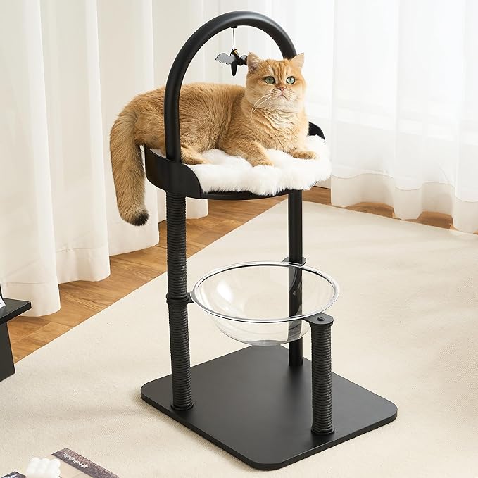 Modern Cat Tree Tower for Indoor Cats up to 12lbs, 34" H Furniture-Style Metal Cat Tower with Scratching Posts, Wood Cat Bed with Soft Plush Cushion Washable, Acrylic Capsule, Classic Black