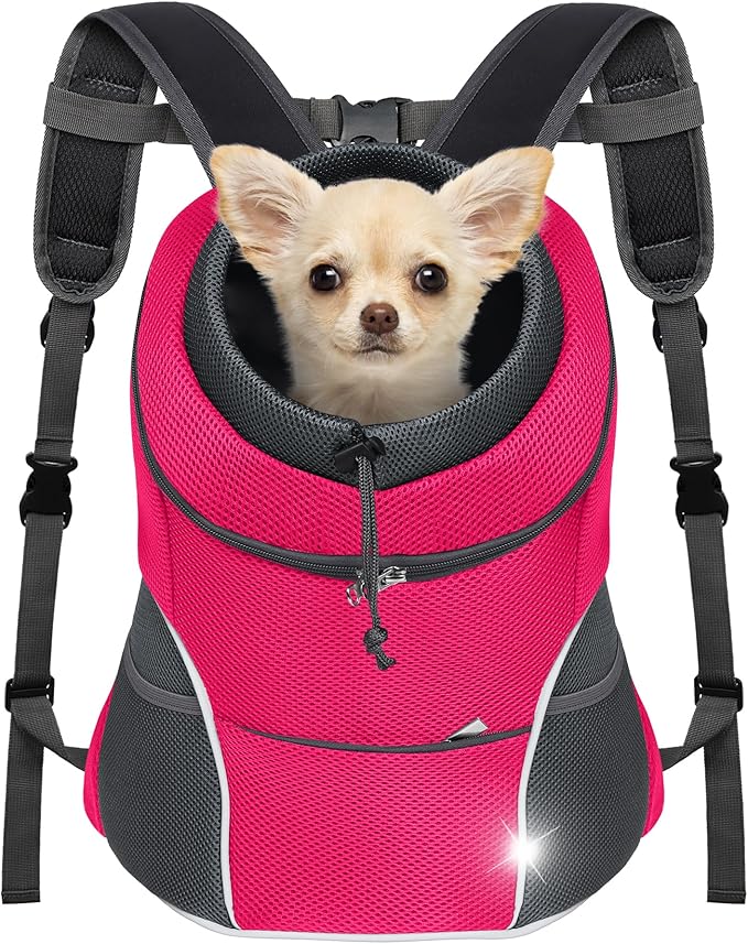 YUDODO Dog Front Carrier Backpack, Adjustable Breathable Pet Carrier for Small Dogs, Ventilated Puppy Back Pack with Safety Belt, Lightweight Doggy Backpack for Hiking Outdoor (Rose, M)