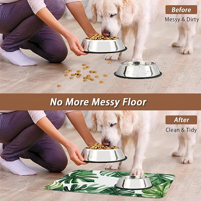 Palm Leaf Pet Feeding Mat,Boho Absorbent Quick-Dry Cat Dog Food and Water Bowl Mats,Non-Slip Rubber Backing Mat,Cat Dog Accessories Supplies 12"x20"