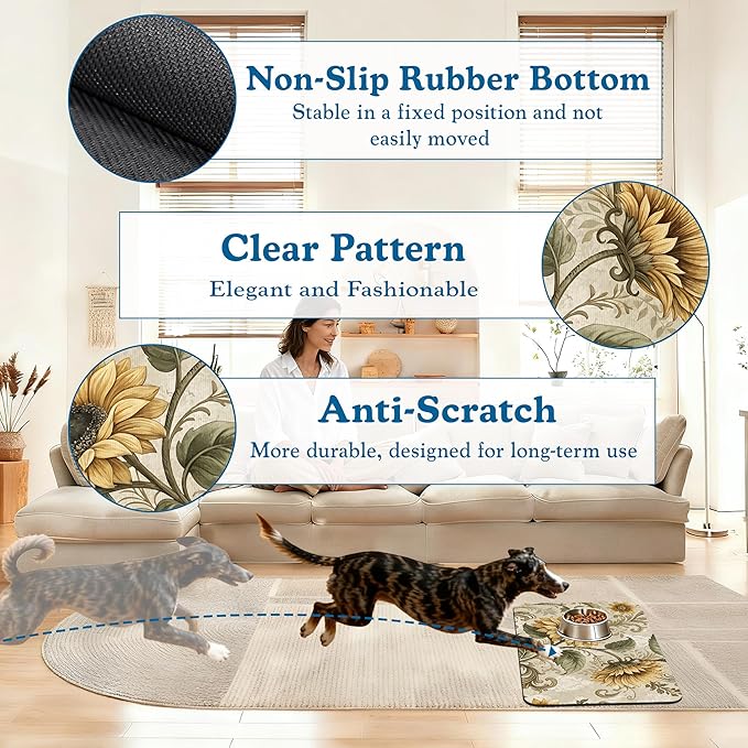 Vintage Sunflower Pet Feeding Mat for Floors–Christmas Stocking Absorbent Quick Dry Dog Cat Bowl Mat for Food and Water, Non Slip Waterproof Base, Mess-Free Feeding Accessories 16"x24"