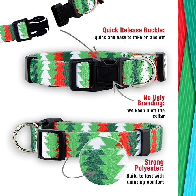 Native Pup Christmas Dog Collar- Winter Holiday Collars for Pets- Xmas Gift for Puppy- Santa, Reindeer, Snowman, Candy Cane, Red Green- Girl Boy- Small, Medium, Large Breeds (Christmas Tree, Small)