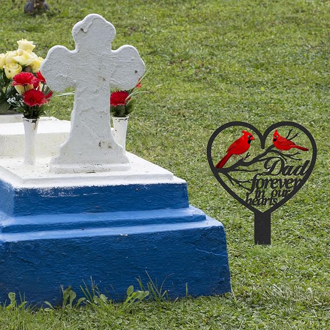 Dad Grave Decorations for Cemetery, Metal Sympathy Memorial Stakes for Loss of Father, Cardinal Cemetery Decorations for Grave Outdoors Yard Garden(12 X 7.5 Inches)