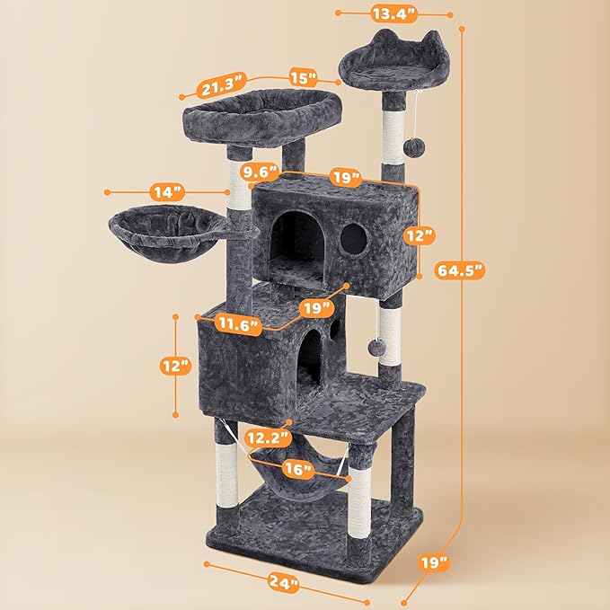 Yaheetech 64.5in Extra Large Cat Tree with 2 Perches, 2 Condos, 5 Scratching Posts, Funny Hammock & Basket & Dangling Balls, Multi-Level Cat Tower for Indoor Felines, Dark Gray