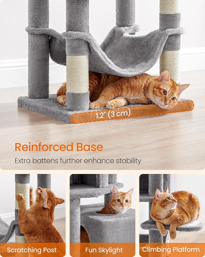 Feandrea Cat Tree, 59.5-Inch Tall Cat Tower, Plush Multi-Level Condo with 5 Scratching Posts, 2 Perches, 2 Caves, Hammock, 2 Pompoms, Light Gray UPCT192W01