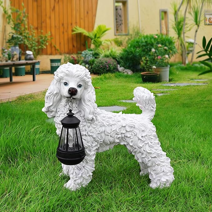 Poodle Statue Outdoor Decorations – Dog Statues Outdoor Standing White Poodle with Removable Solar Light & Welcome Sign for Lawn Décor