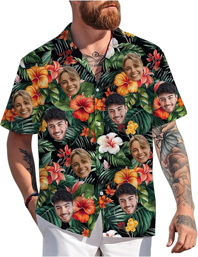 Custom Hawaiian Shirt with Face Photo Picture for Men Women Kids Youth Adult, Tropical Personalized Hawaiian Shirts Gift