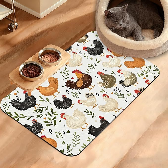 Dog Bowl Mat,Chickens Roosters Pet Feeding Mat for Floors Waterproof,Plants Leaf Absorbent Dogs Placemat for Food and Water Quick Dry Pet Cat Feeding Mats with Non Slip Bottom 16" x 24"