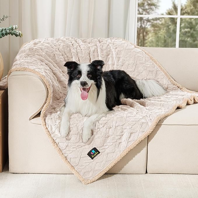 Luciphia Waterproof Pet Blanket, Liquid Pee Proof Dog Blankets for Sofa Bed Couch, Reversible Sherpa Fleece Furniture Protector Cover for Small Medium Large Dogs Cats,Beige-Thicken Large（65" x 57"）