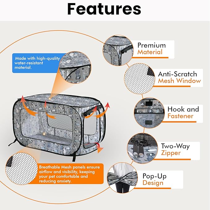 Beatrice Home Fashions Portable, Collapsible, Pop Up Kennel Travel Cat and Dog Crate, 36" L x 22" W x 22" H, Tail Waggers