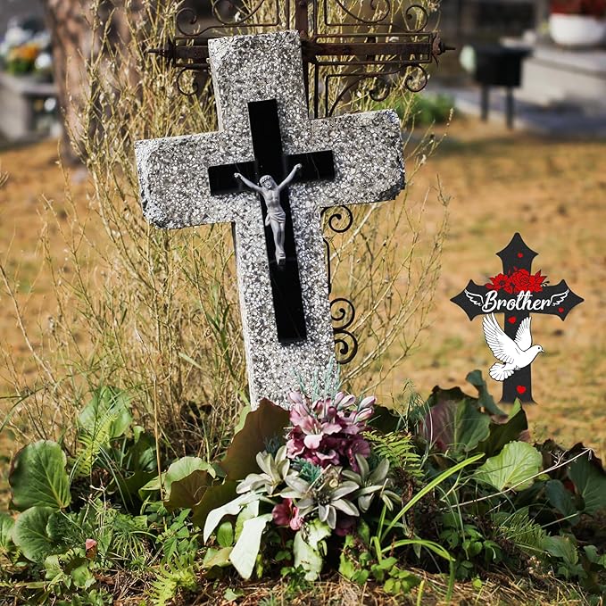 Cross Cemetery Decorations for Grave, Metal Sympathy Memorial Stakes for Loss of Brother Outdoors Yard Garden, Grave Markers for Cemetery for Brother (12 X 7.5 Inches)