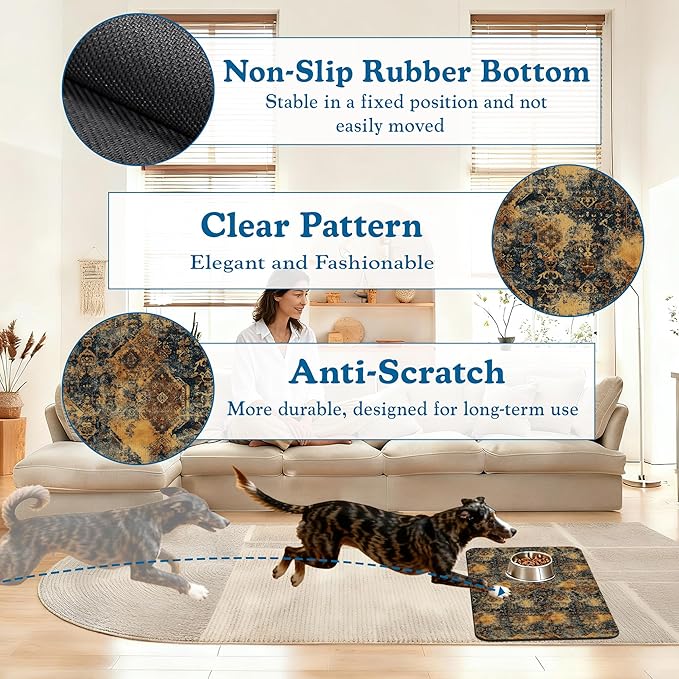 Grunge Boho Pet Feeding Mat for Floors–Christmas Stocking Absorbent Quick Dry Dog Cat Bowl Mat for Food and Water, Non Slip Waterproof Base, Mess-Free Feeding Accessories 12"x20"
