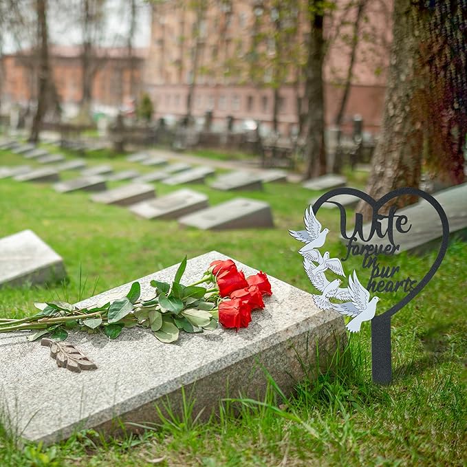 BUoonyer Stake Graves Cemetery Decorations - Wife Metal Memorial Grave Markers, Women Heart Graveyard Sympathy Plaque, Dove Remembrance Graveside Burial Decor Sign for Outside Yard Garden