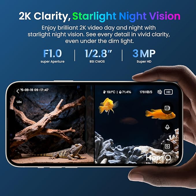 3MP 2K Aquarium & Terrarium Pet Camera.Magnetic Install &Close-Focus Lens for Fish,Lizard, Reptile Pet and Window Bird Feeder,2.4GHz & 5GHz WiFi,Color Night Vision,Auto-focus,24/7 Recording