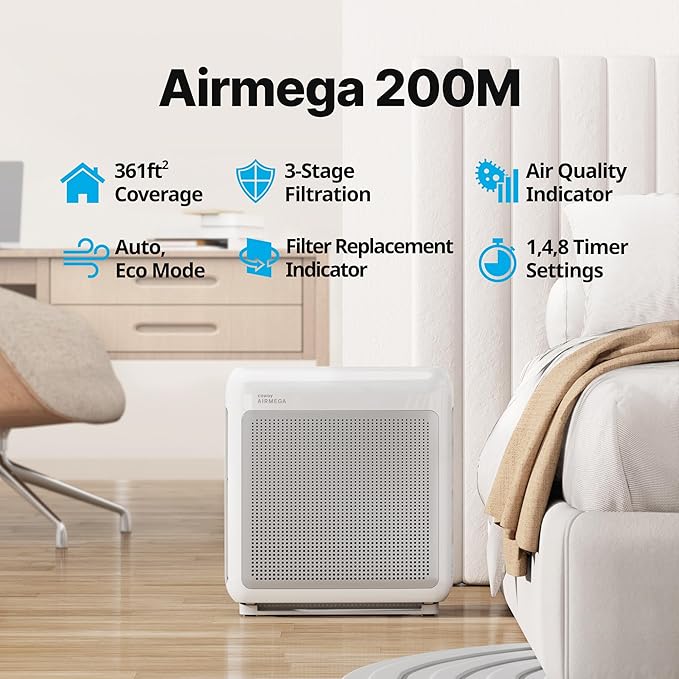 COWAY Air Purifiers for Home Up to 1,748 ft², HEPA Filter for Smoke, Allergies, Pet Dander, Odor, Air Quality Monitor, Auto & Eco Mode, Timer, Filter Indicator, 3yr Warranty, Airmega 200M White
