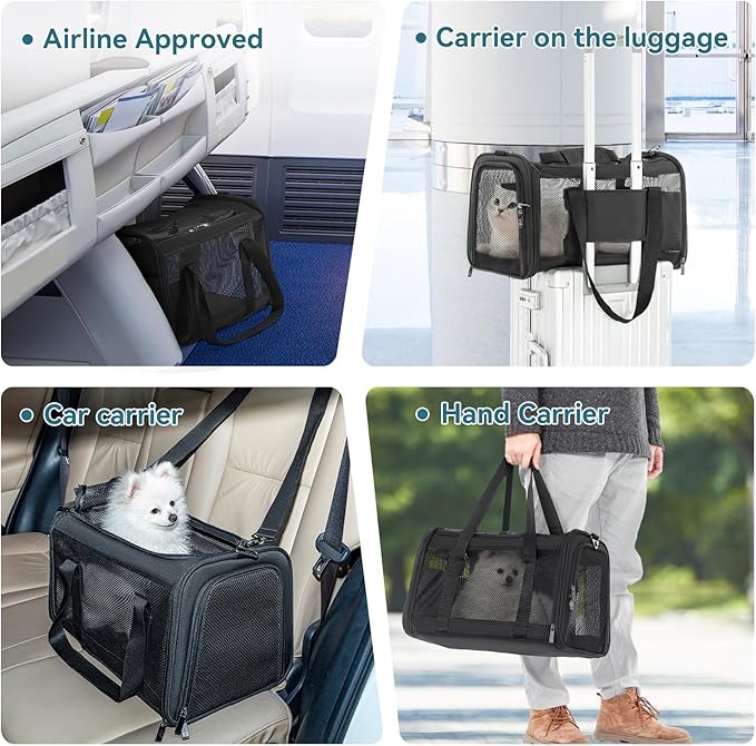 Airline Approved Cat Carrier, Soft-Sided Collapsible Pet Carrier for Travel, 3 Carrying Ways, Lightweight and Ventilation on 5 Sides, Escape Proof, with Soft Fleece Pad