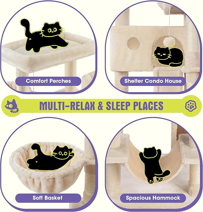 WEEWAY Cat Tree Tower for Indoor Cats,65'' Multi-Level Cat Furniture Activity Center,Stand House Condo Cave,Sisal Scratching Posts Ramps,Plush Perches Platforms Basket Hammock,Beige