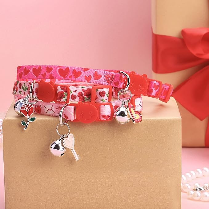 PUPTECK Breakaway Cat Collars with Bell - Pet Collar 3 Pack for Girl Boy Kittens Puppies and Small Pets, Pink Heart Rose