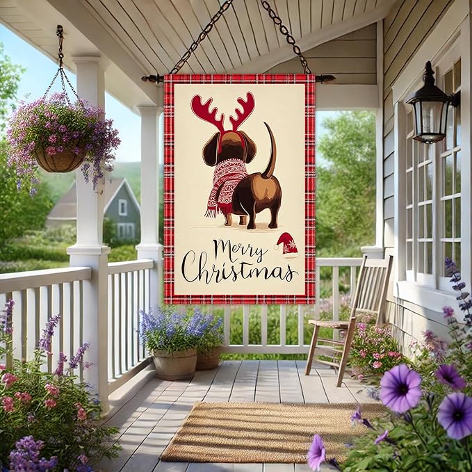 Merry Christmas Garden Flag Back View Dog Reindeer Antlers 28 x 40 Inch Double Sided Welcome Large Yard Banners for Dog Lovers Porch Home Simple Outdoor Winter Holiday Pet Decor