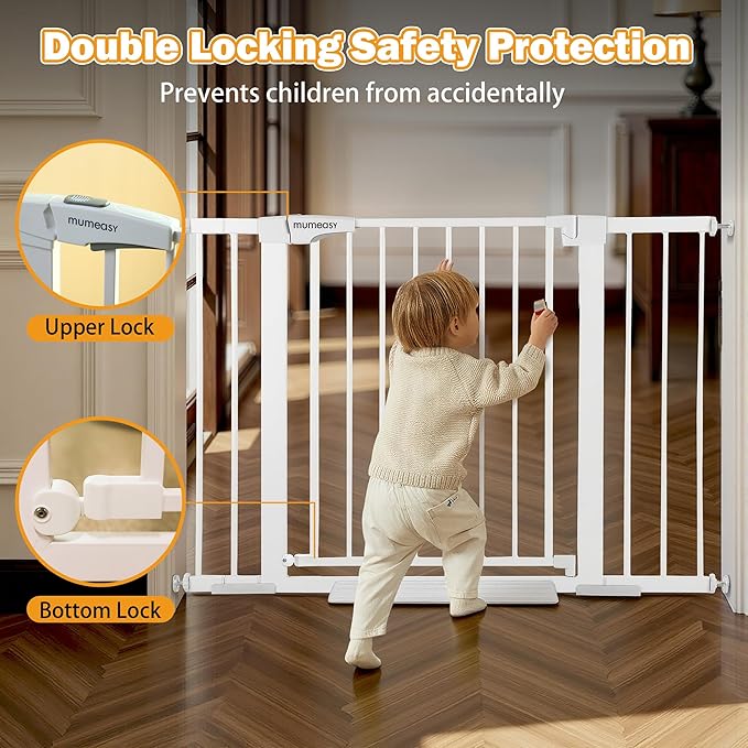 Mumeasy 29.6-46" Baby Gate for Stairs, Pressure Mounted Dog Gate for Doorways, Auto Close Pet Gate for Indoor Use, Extra Wide Child Gate with Walk Thru Door White, Mom's Choice Awards Winner