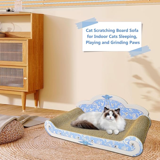 Luxury Cardboard Cat Scratcher Sofa Bed, Couch Shaped Cat Scratching Board, Cat Scratch Lounge with Catnip, Cat Scratcher for Indoor Cats(Floral)