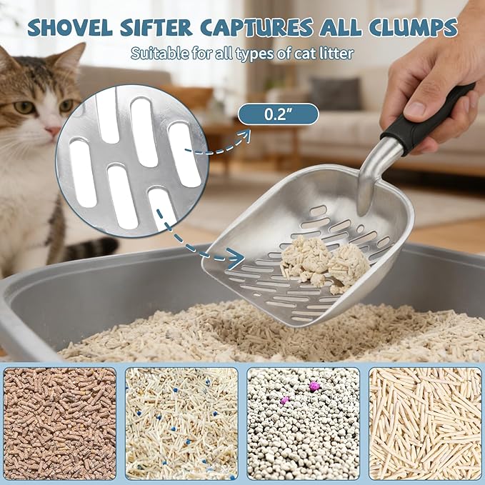 Heavy-Duty Cat Litter Scoop with Holder, Metal Cat Scooper and Detachable Trash Can,Aluminum Kitty Poop Shovel Captures All Clumps,Speed Sifter Litter Box Scooper and Caddy with Lid(White)