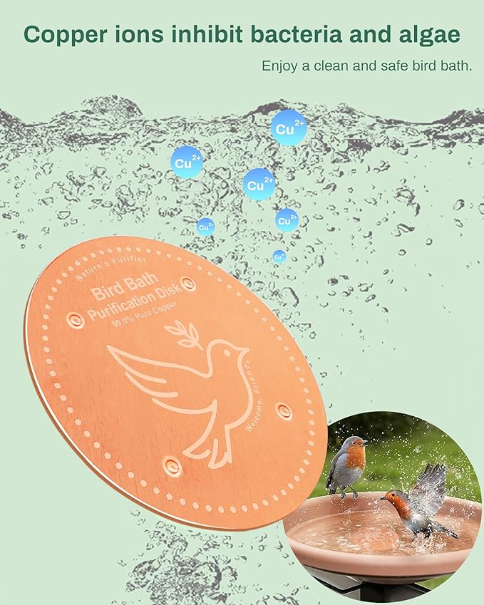 Bird Bath Purification Disk Pure Copper Outside Winter Solar Power Birdbath Heater Deicer Cage Hanging Bowl Metal Warmer Deck Railing Glass Concrete Ceramic Stone Stand Outdoor Fountain Station