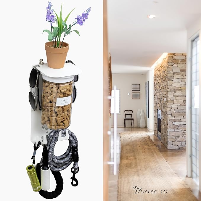 Dog Treat Holder For Wall Storage For Pets, Premium Pet Wall Organizer, Includes One 32oz Airtight Dog Treat Jar, 2 Sets of Triple Hooks, Sturdy Shelf in Designer White