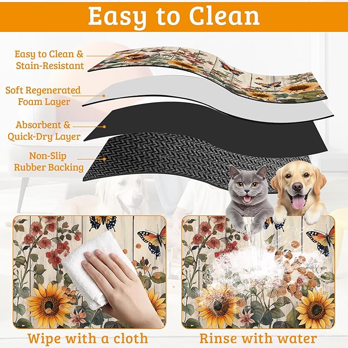 Pet Feeding Mat,Vintage Flower Absorbent Dog Cat Food Mat Rustic Wooden Dog Mat with Rubber Backing,Non-Slip Water Bowl Placemat,Pet Supplies 12" x 20"
