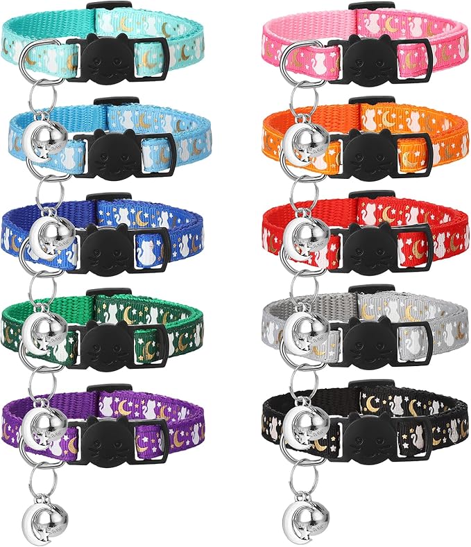 10Pcs Breakaway Cat Collars with Bell Star and Moon Cute Adjustable Kitten Collars with Pendant Glow in The Dark