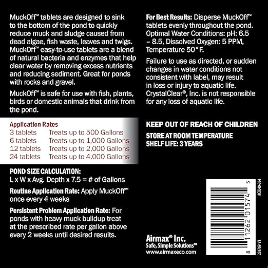 CrystalClear MuckOff, Natural Pond Muck Treatment, Water Garden, Fountain & Bird Bath Sludge Remover, Living Beneficial Bacteria Clarifier with Enzyme, Fish, Aquatic Animal, & Pet Safe, 24 Tablets