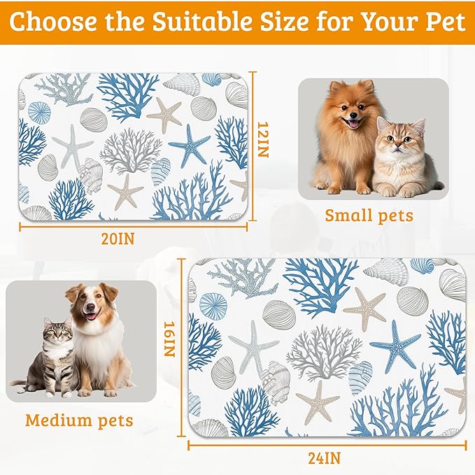 Seashell Beach Feeding Mat,Coral Starfish Absorbent Quick-Dry Cat Dog Food and Water Bowl Mats,Non-Slip Rubber Backing Mat,Cat Dog Accessories Supplies 16" x 24"