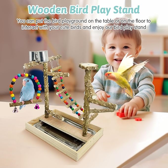 PINVNBY Bird Playground Natural Wood Bird Play Stand with Climb Ladder Swing Tray and Stainless Steel Cups Cage Accessories for Conure Cockatiel Parakeet Lovebird