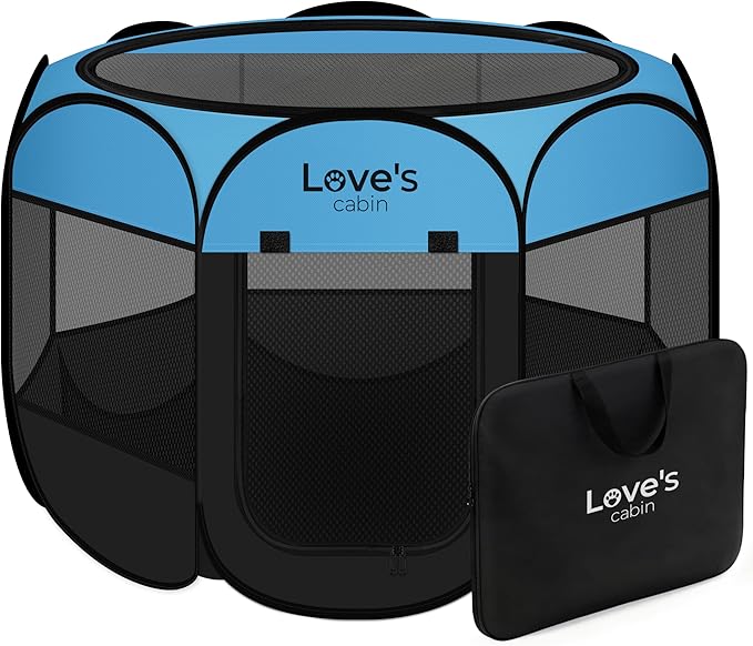 Love's cabin Pet Puppy Dog Playpen, Medium Dog Tent Crates Cage Indoor/Outdoor, Portable Playpen for Cat, Foldable Pop Up Dog Kennel Playpen with Carring Case, Removable Zipper Top, Blue
