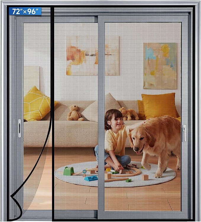 Magnetic Screen Door Left Right Side Opening Upgraded PET Mesh Greater Than Fiberglass and Polyester,Keep Bugs Out,Pet & Kid Friendly,Suitable for Sliding Doors,Patio French Doors-74" X 98"
