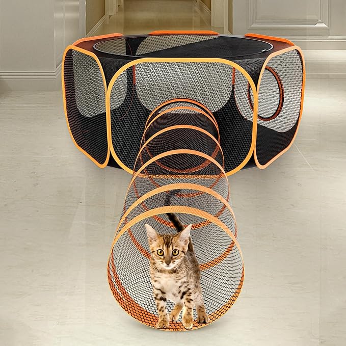 Cat Outdoor Enclosures Tunnel Playpen - Portable Playpen Indoor Collapsible Cats Enclosure with Shade Cover 2 Tunnels for Large Small Pets Animal Outside Catio Happy Travel Camping Back Yard