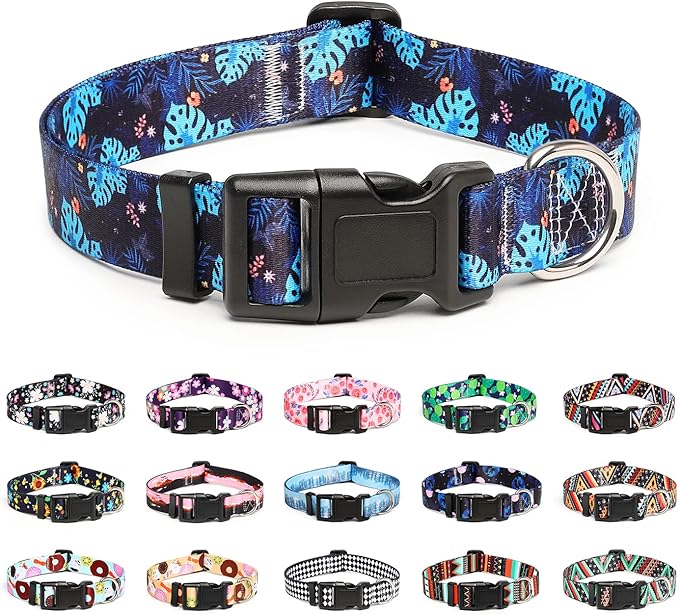 Mercano Adjustable Dog Collar - Special Design Patterns, Soft Nylon Comfortable Durable Pet Collar for Small Medium Large Dogs (L, Monstera)