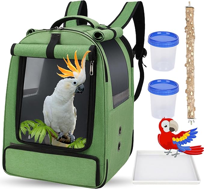 Bird Backpack Travel Cage for Cockatiel, Parrot, Parakeet With 2 Bowls Tray and Standing Perch - African Grey Carrier for Large and Small Birds (Green)