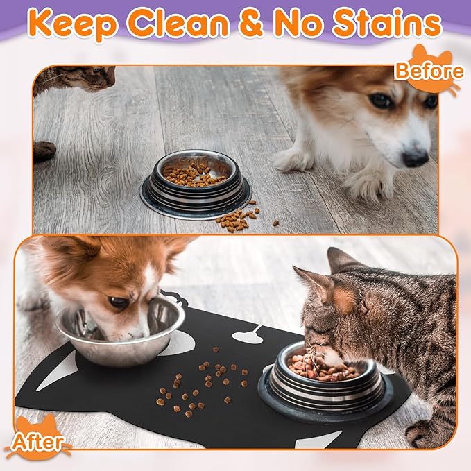Pet Mats for Food and Water Dog Cat Food Mats Pet Feeding Mat Anti-Slip No Stains Quick Dry Floors Waterproof Placemat Food Water Bowl Mat Halloween Decorations - 23.6"x15.7" Black Cat