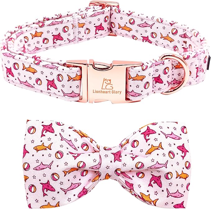 Lionheart glory Dog Collar Shark Print Dogs Bow Collar Adjustable Soft Pink Dog Collars Male or Female Summer Spring Collars with Bowtie for Small Dogs