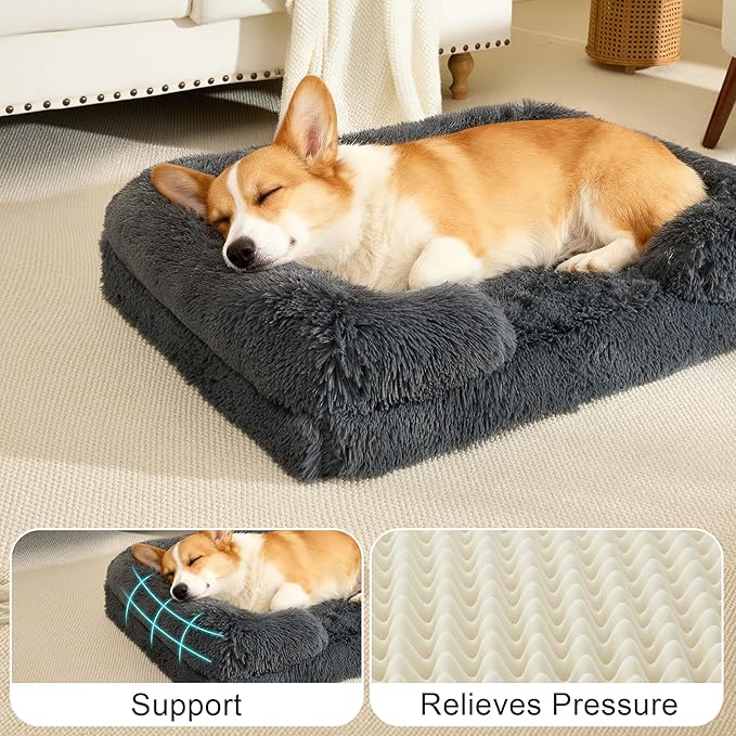 Orthopedic Dog Bed Large Dogs of Comfortable Memory Foam Pet Bed with Sides,Fluffy Dog Couch Sofa Bed with Anti-Slip Bottom Dark Grey L