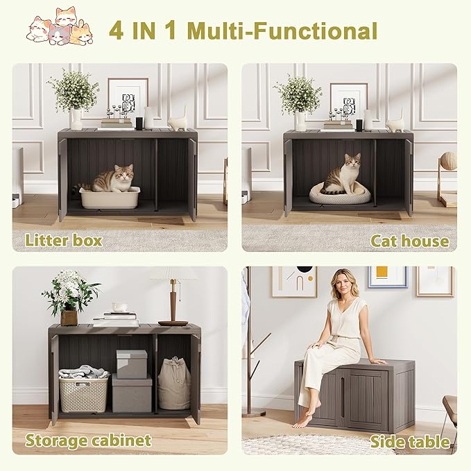 Cat Litter Box Enclosure, Hidden Enclosed Litter Box Furniture with Adjustable Partition, Multi-Functional Outdoor Cat House, Side Table, Easy to Clean, Dark Gray