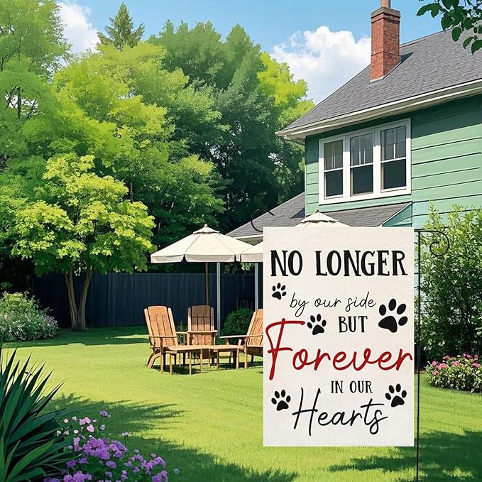 Pet Memorial Garden Flag No Longer By My Side Forever in Our Heart 12x18 Inch Double Sided Burlap Pawprints Lost Pet Cat Dog Bereavement Gift Outdoor Yard Decor