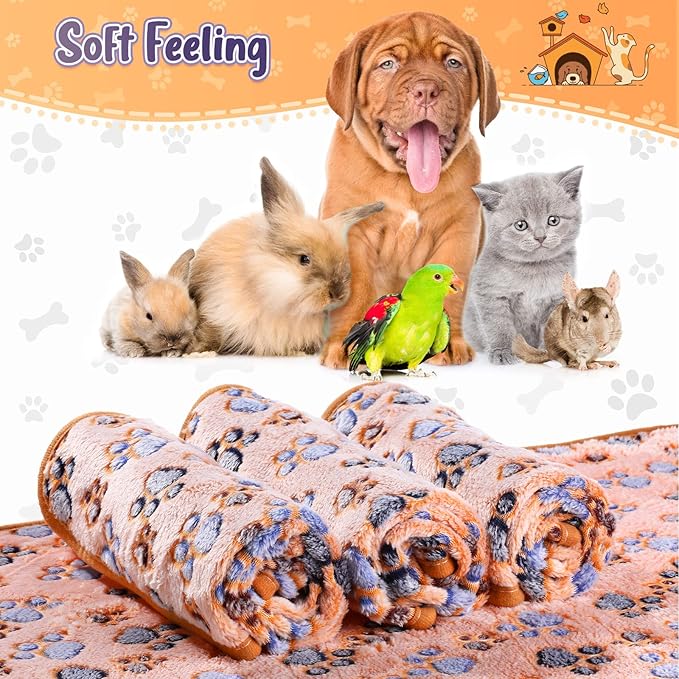 Tatuo 4 Pcs Dog Blanket for Pet Cat Blankets Indoor Puppy Teething Stuff Toys Paw Print Fleece Soft Blanket Sleep Mat for Guinea Pig Cage(Coffee,X-Large(41 x 30 Inch),Square)