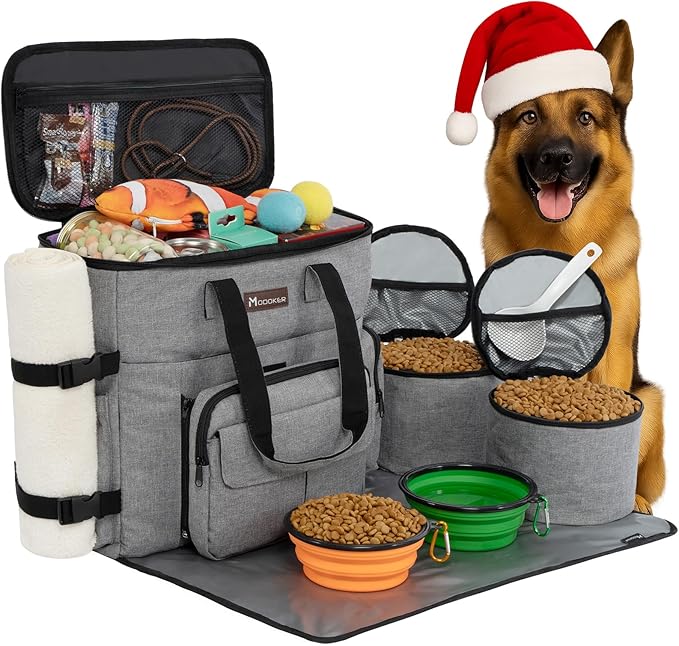 Modoker Dog Travel Organizer with 2 Collapsible Bowls for Supplies & Accessories, Airline Approved Dog Tote Pet Travel Bag with 2 Travel Food Container