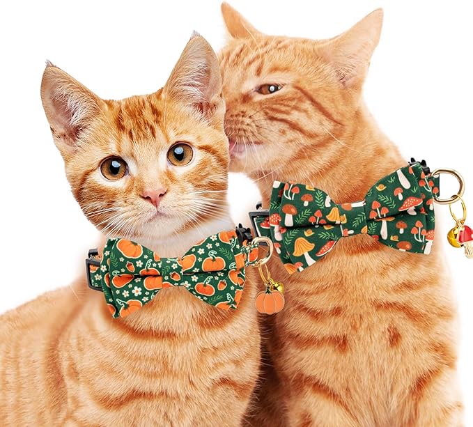 2 Pack Cotton Cat Collar with Bow Tie and Bell for Male Female Cats,Soft Fancy Breakaway Kitty Kitten Collar with Ghost& Pumpkin Patterned Design for Boy Girl Cats. (Pumpkin&Mushroom)