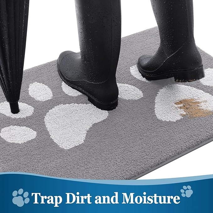 Buganda Dog Door Mat for Muddy Paws, Absorbent Dirt Trapper Washable Indoor Doormats, Non Slip Low-Profile Mud Mat for Dogs, Front Entrance Doormat for Inside Floor (70x24 Inches, Light Grey)