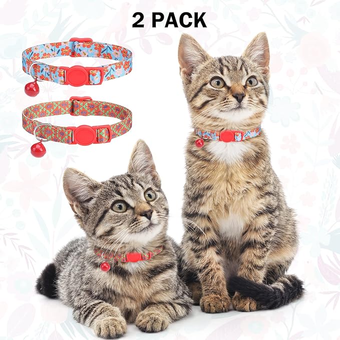 Breakaway Cat Collars for Girl Boy Cats, Fall Winter All Weather Cat Collar Personalized Pattern 2 Pack,Cute Classic Safety Buckles and Bells,Adjustable Printed Nylon Colorful Red
