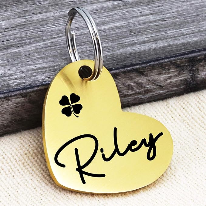 Ultra Joys Custom Personalized Pet ID Tag - Brushed Stainless Steel Heart Dog Tag Gold Medium