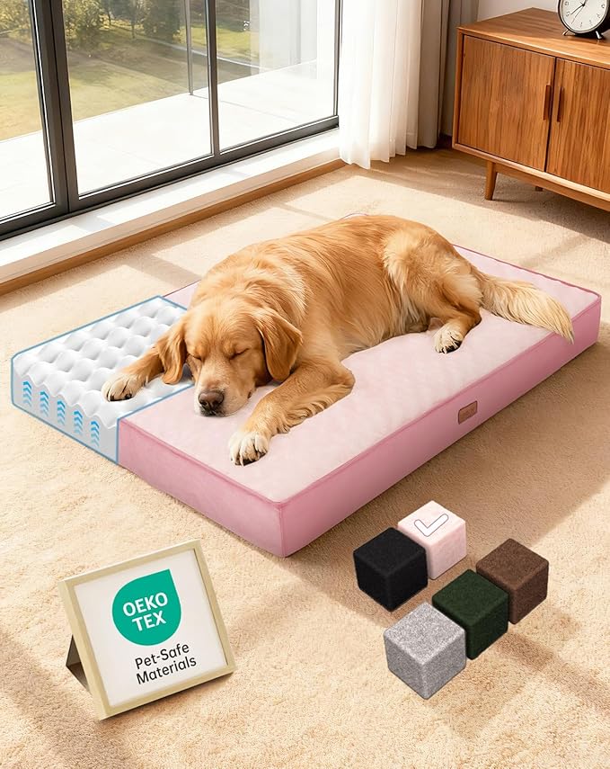 OhGeni Orthopedic Waterproof Dog Bed for Large Dogs, Machine-Washable Removable Cover in Easy-Clean Fabric, High Density Foam & Easy-Carry Handle, Suitable for Crate, 41 inch (Pink)